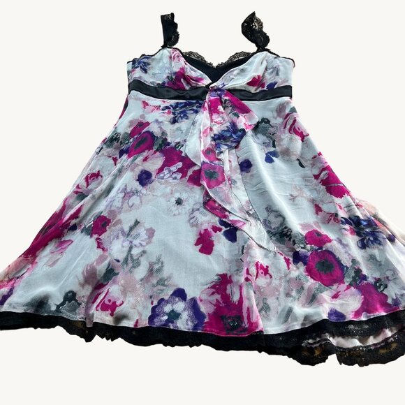 Karen Millen Babydoll Size 8 Black White Pink Silk Floral Lace Trim Sleeveless D - Picture 1 of 15